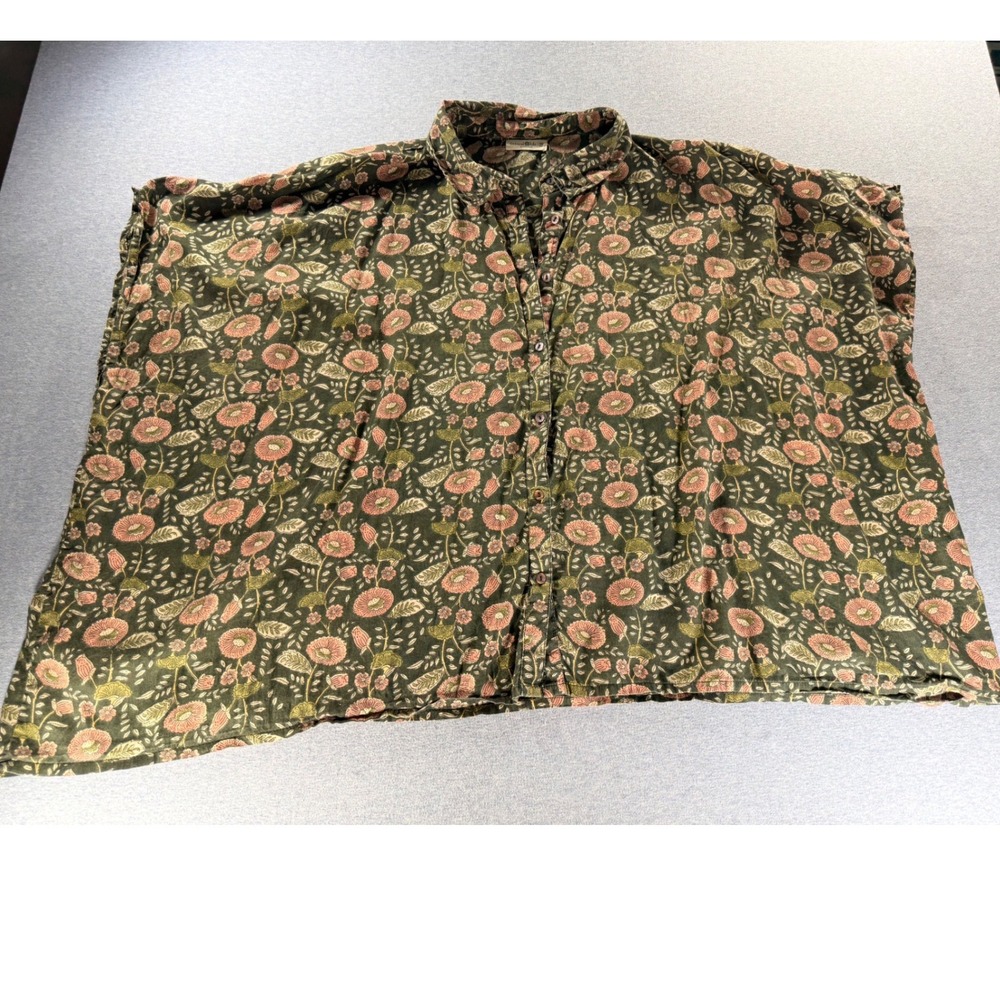 Natural Life Womens OS Oversized Boxy Floral Button Down Shirt Olive Pink Cotton